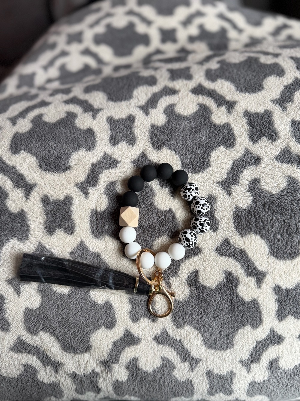 Monochrome Beaded Wristlet Keychain with Tassel